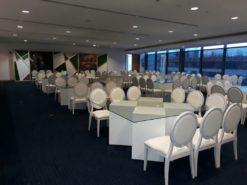 Square Glass Dining Table, Clear Glass Dining Table, 12 Seater Dining Table, White Dining Chair