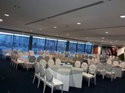 Square Glass Dining Table, Clear Glass Diing Table, 12 Seater Dining Table, White Dining Chair