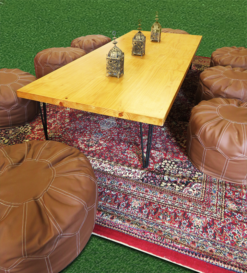 Wooden Coffee Table, Rustic Coffee Table, Arabic Carpet, Brown Pouffe, Arabic Pouffe