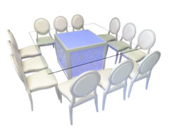 Square Glass Dining Table, Glass Dining Table, White Dining Armchair, White Armchair