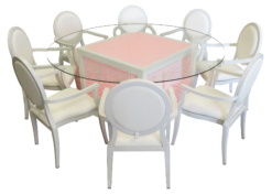 Round Glass Dining Table, Clear Glass Dining Table, White Dining Armchair, Dior Armchair