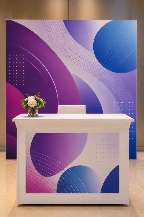 May Counter with modern abstract graphics for registration desks, reception areas, exhibitions, conferences, and corporate events in the UAE.