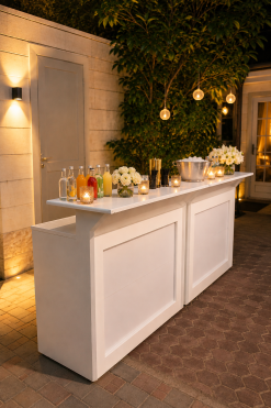 May Counter white modular event bar counter set up for a villa party in Dubai, UAE.
