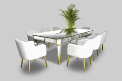 beige armchair with mirror table