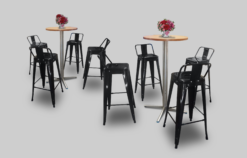 Bistro table, rent bistro table, hire bistro table, cocktail table for rent, black barstool, metal barstool