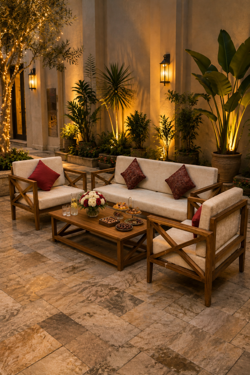 Outdoor wooden sofas rental in Dubai, Abu Dhabi, UAE