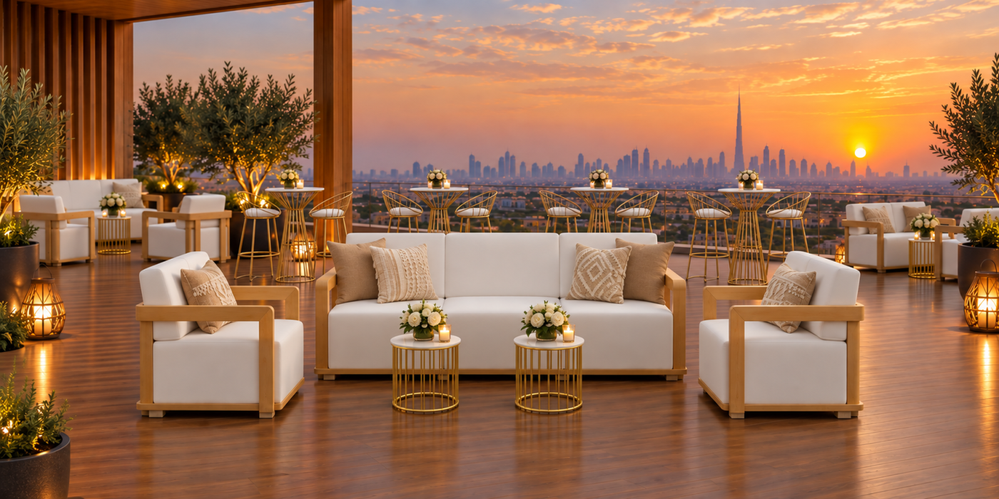 Beige and wood outdoor lounge furniture with cocktail tables at sunset in Dubai
