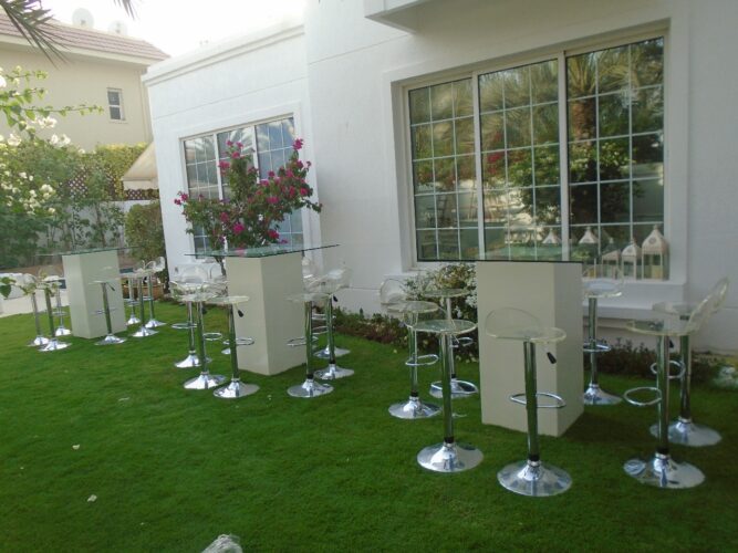 cocktail table, high table, bar stool, acrylic bar stool, clear bar stool