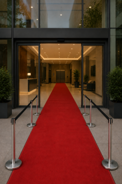 Luxury red carpet entrance setup with chrome stanchions at a modern venue in Dubai, UAE, ideal for VIP events, exhibitions, corporate functions, and gala entrances.