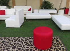 Red Round Pouffe, White Sofa