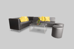 Black Sofa, 3 Seater Black Sofa, L-Shaped Sofa, Black Round Pouffe, Rectangular Glass Coffee Table