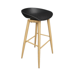 Scandinavian Black Barstool with black molded seat and natural wooden legs for event rental in Dubai.