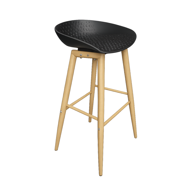 Scandinavian Black Barstool with black molded seat and natural wooden legs for event rental in Dubai.