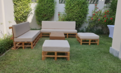 Wooden Sofa, Outdoor Sofa, 3 Seater Wooden Sofa, Ottoman, Braun Rectangular Coffee Table