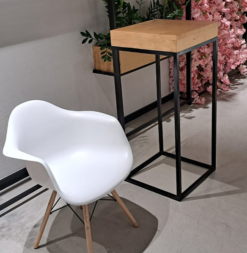 Cocktail Table, Black Base Cocktail Table, Wooden Top Cocktail Table, High Table, White Armchair