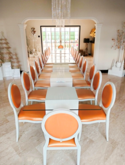 Square Glass Dining Table, Gold Dining Chair