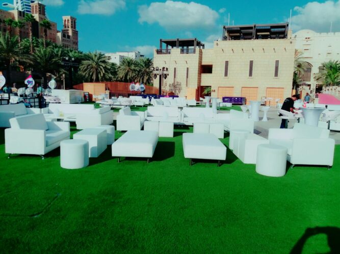 VIP Sofa, White Sofa, 2 Seater Sofa, Round Pouffe, Cube Coffee Table