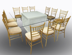 Square Glass Dining Table, Clear Dining Table, Gold Dining Chair