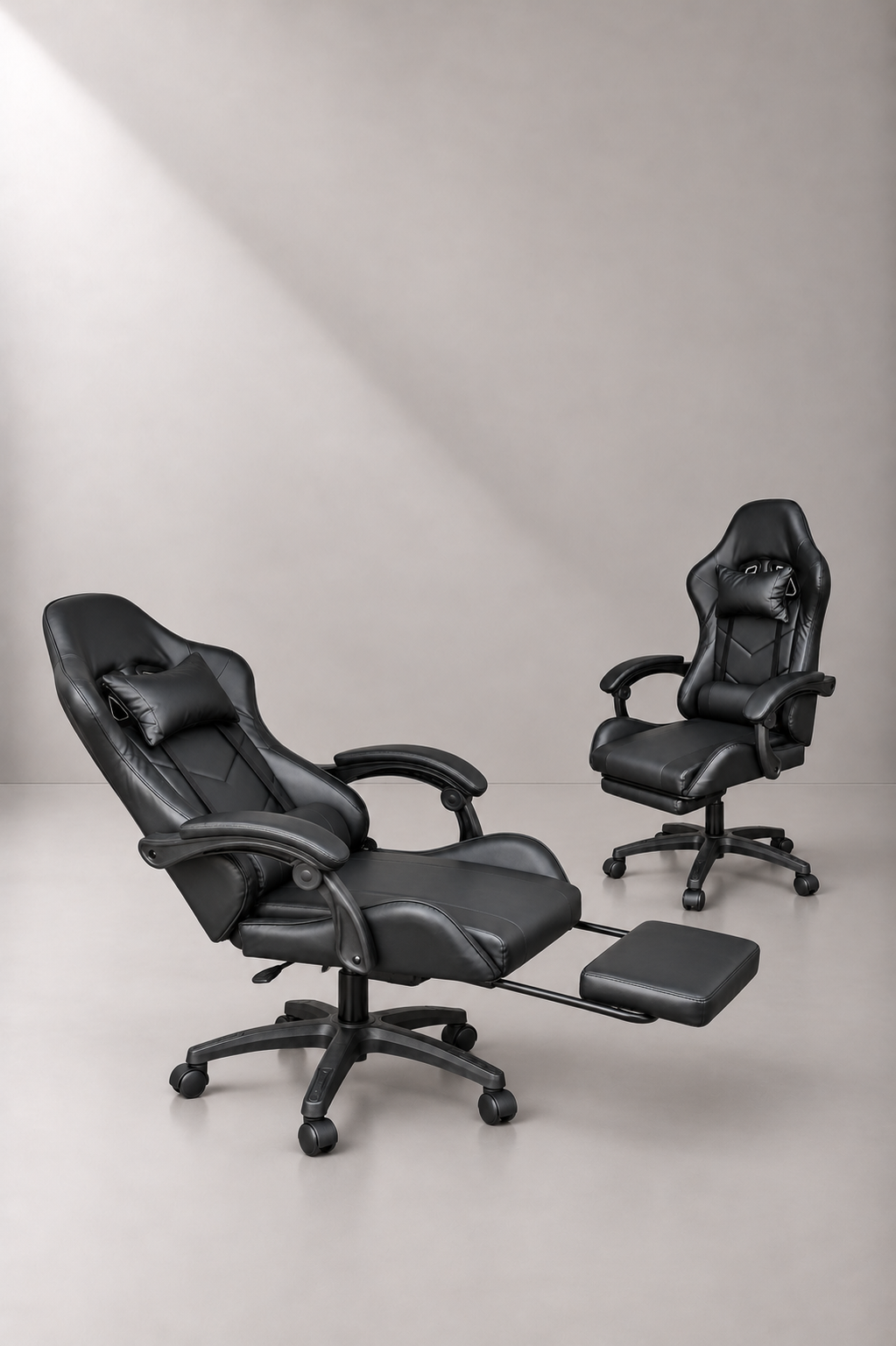 Black Vortex Reclining Gaming Chair with tilted backrest and extended retractable footrest