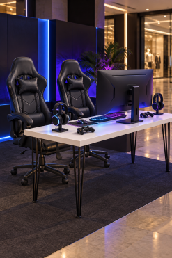 Two Vortex gaming chairs with a white Hairpin table, monitor and gaming accessories in a mall gaming booth in Dubai.