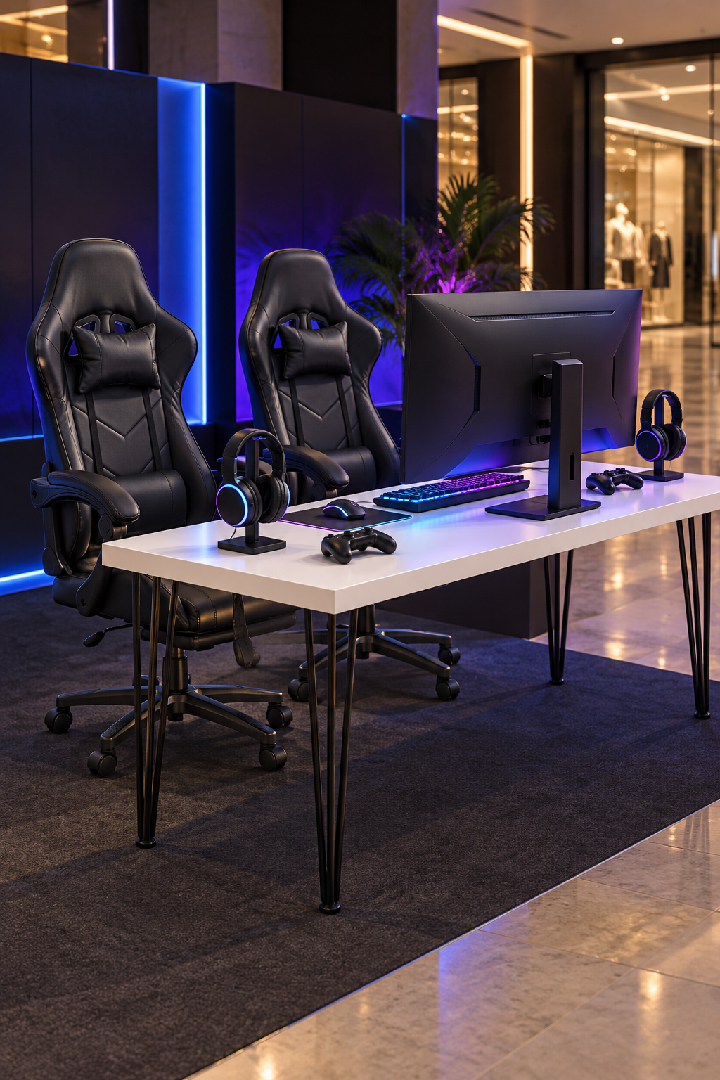 Two Vortex gaming chairs with a white Hairpin table, monitor and gaming accessories in a mall gaming booth in Dubai.