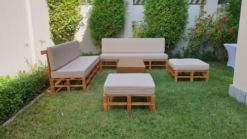 Wooden Sofa, Outdoor Sofa, Ottoman, 3 Seater Wooden Sofa, Braun Rectangular Coffee Table