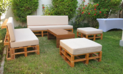 Wooden Sofa, Outdoor Sofa, 3 Seater Wooden Sofa, Ottoman, Braun Rectangular Coffee Table