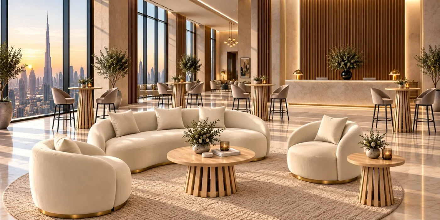 Cream lounge sofas, armchairs and cocktail tables in a luxury Dubai event venue