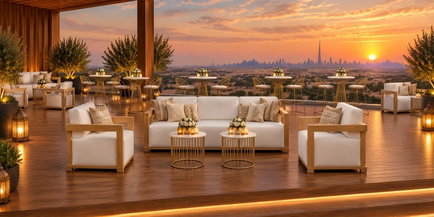 White and wood outdoor lounge furniture with cocktail tables at sunset in Dubai
