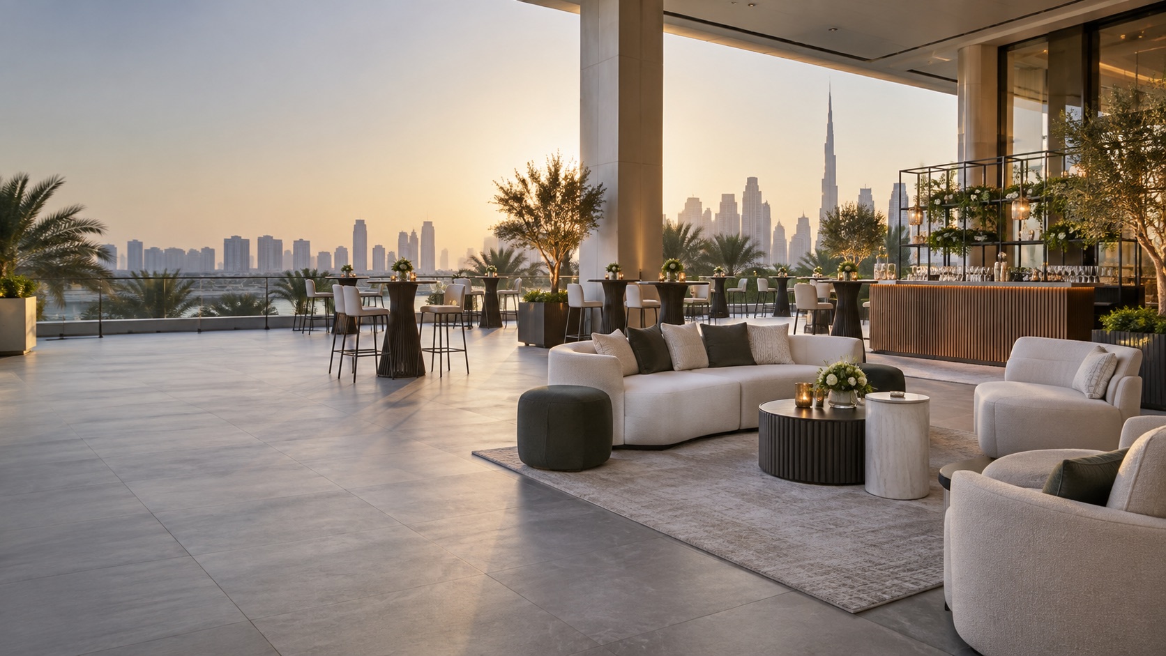 Contemporary event furniture setup with lounge seating, cocktail tables and service counter in Dubai