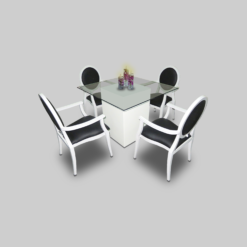 Square Glass Dining Table, Clear Glass Dining Table, Black Dining Armchair