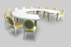 Curved Dining Table, Half Moon Dining Table, White and Gold Curve Dining Table, Gold Dining Chair, Dior Gold Dining Chair