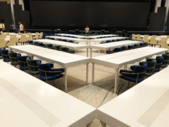 White Dining Table, Rectangular Dining Table, Green Chair, Blue Chair, Velvet Chair