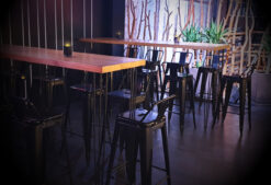 Wooden Cocktail Table, Rectangular Cocktail Table, High Table, Rustic High Table, Black Bar Chair, Metal Bar Chair