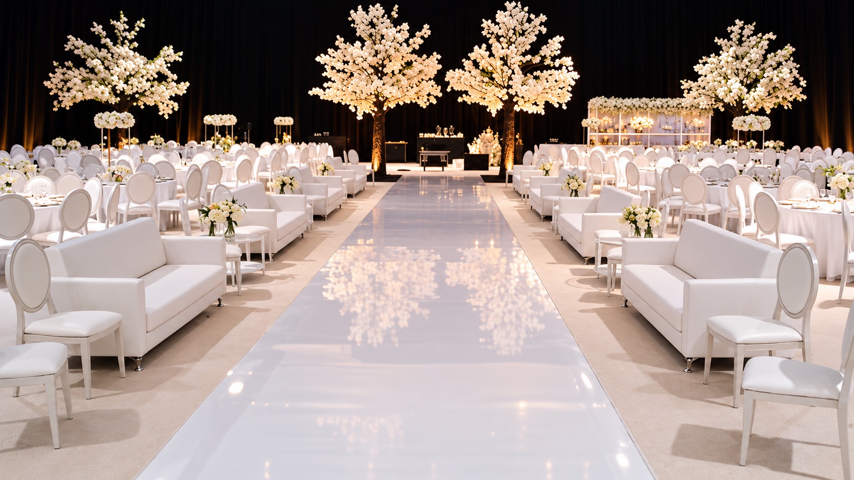 White event sofas and dining chairs in an elegant large-scale event setting
