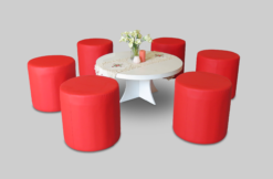 Red Round Pouffe, Canterbury Round Coffee Table