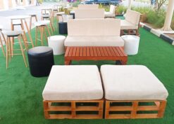 Wooden Sofa, Outdoor Sofa, Ottoman, 2 Seater Wooden Sofa, Braun Rectangular Coffee Table, White Round Pouffe