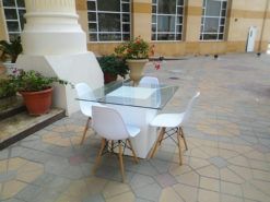 Square Glass Dining Table, Clear Glass Dining Table, White Dining Chair, Wooden Dining Chair